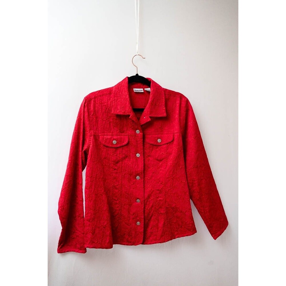 Chico's womens red jacket button down coat artsy art to wear bold Size 1 Medium